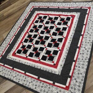 Handmade Lap Quilt Red White Black Silver Patchwork Blanket 61"x54"